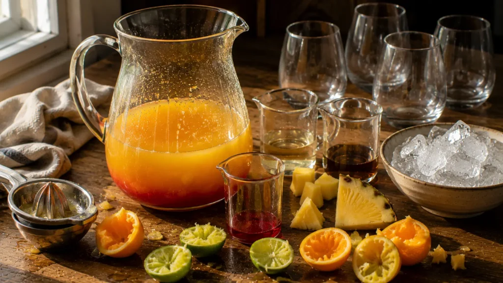 Orange and pineapple rum punch being mixed in a pitcher with rum, citrus juice and grenadine.