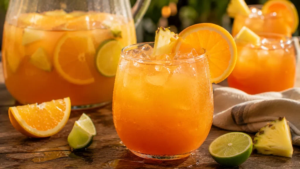 Tropical orange and pineapple rum punch served over ice with fresh orange and pineapple.
