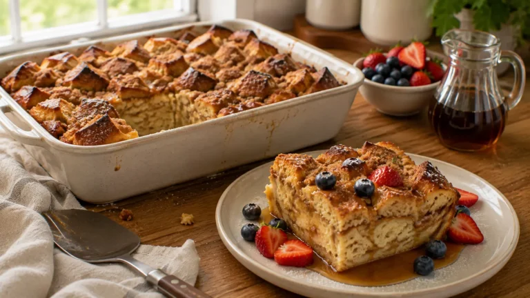 Overnight French toast casserole with golden brioche, cinnamon crumble, maple syrup and fresh berries.