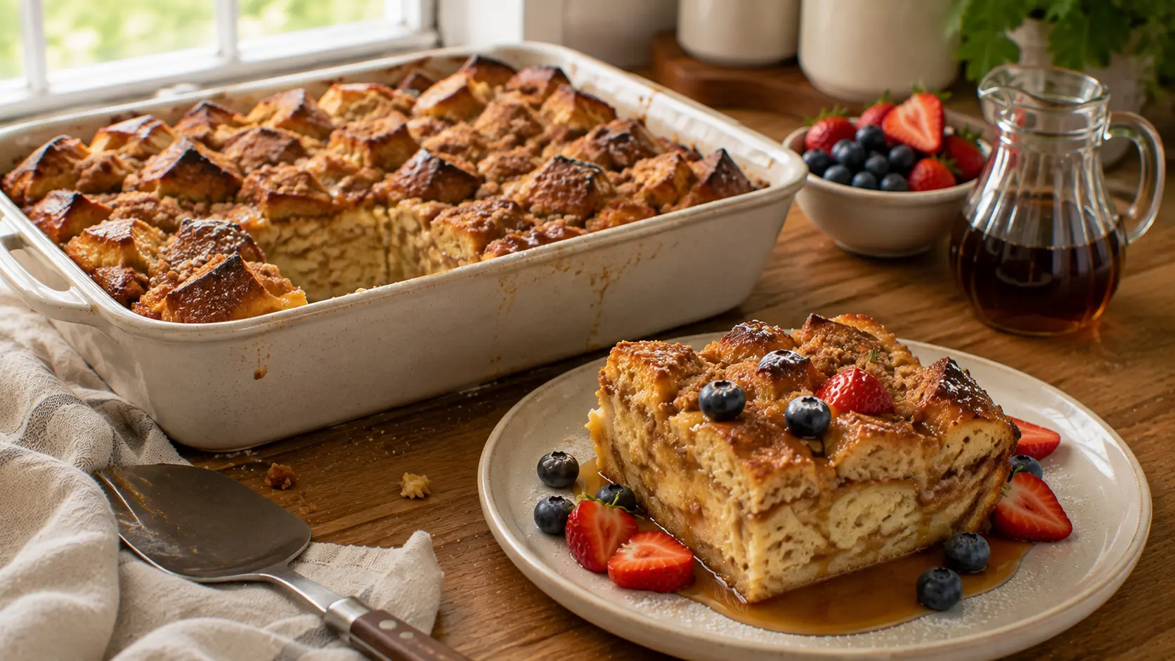 Overnight French toast casserole with golden brioche, cinnamon crumble, maple syrup and fresh berries.