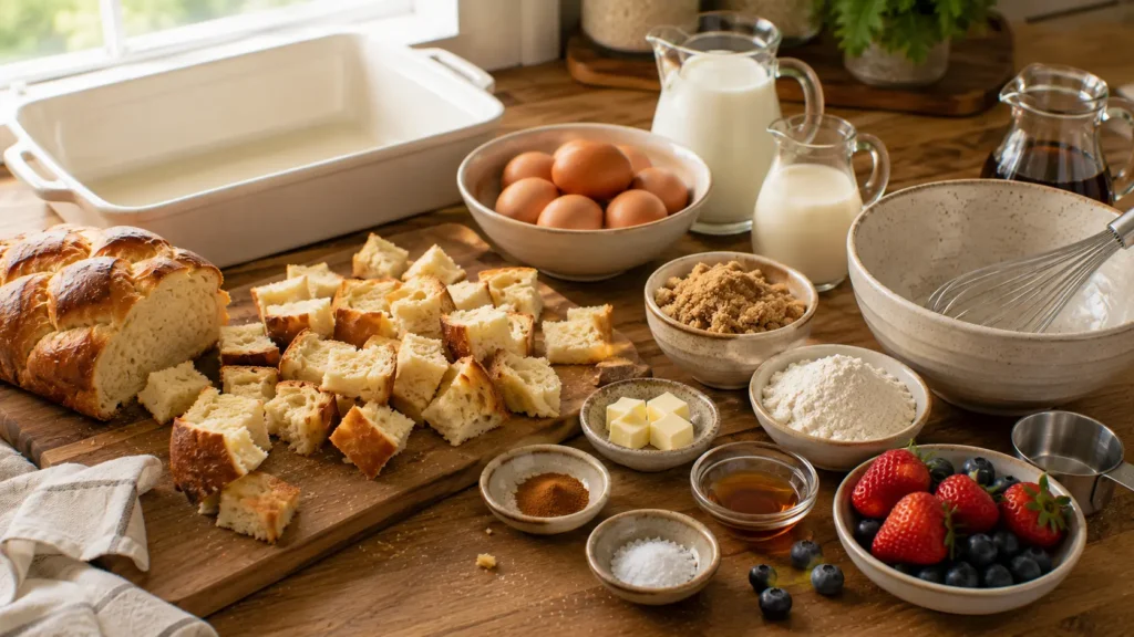 Ingredients for overnight French toast casserole including brioche, eggs, milk, cinnamon, butter and brown sugar.