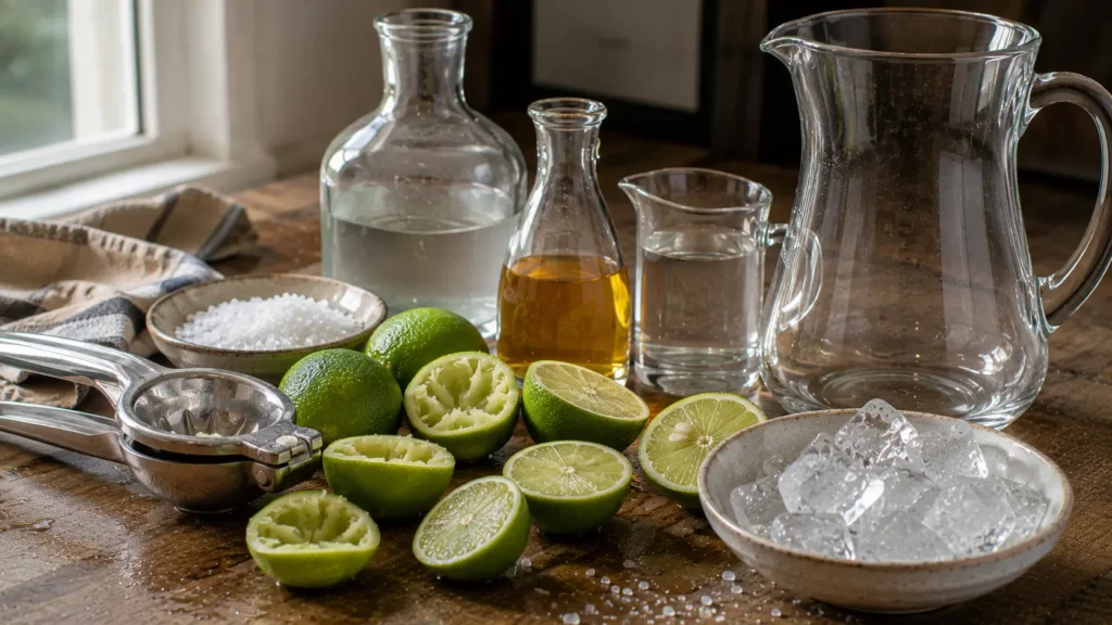 Fresh limes, tequila, orange liqueur, agave and ice for pitcher margaritas.