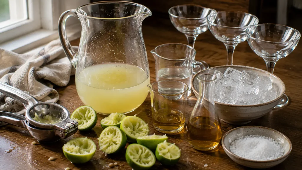 Large pitcher of margaritas being prepared with fresh lime juice, tequila and orange liqueur.