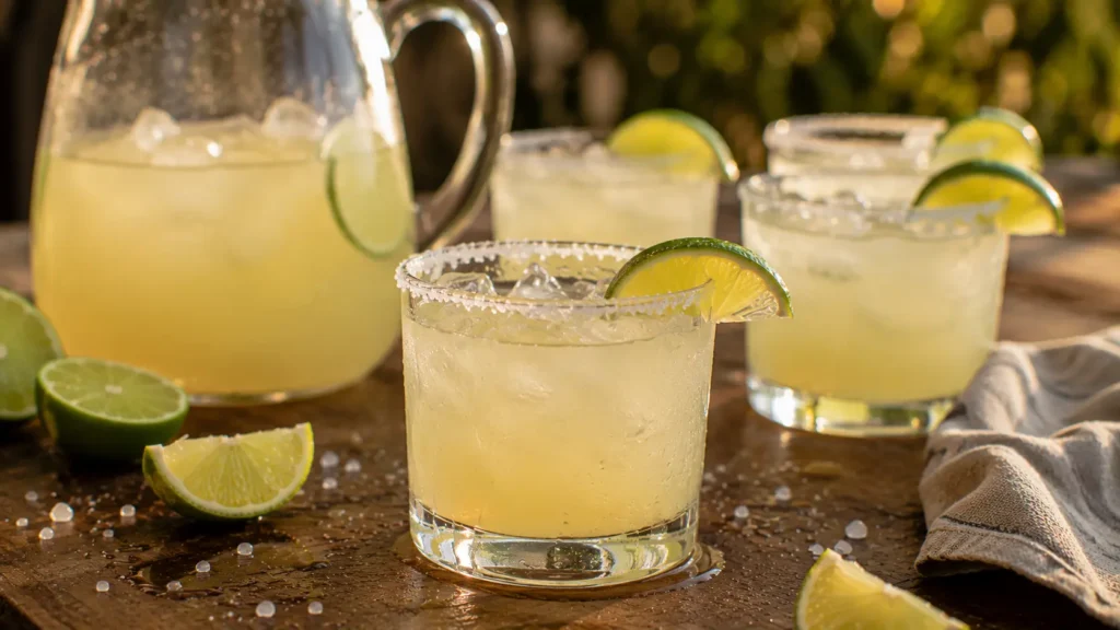 Classic pitcher margaritas served over ice with salted rims and fresh lime wedges.