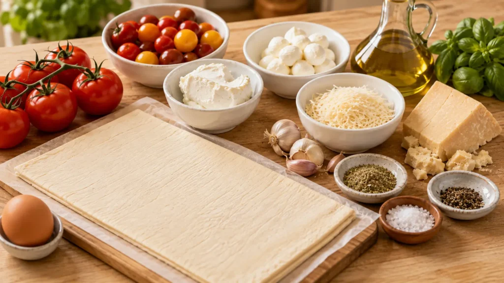 Ingredients for tomato and cheese puff pastry tarts arranged on a wooden kitchen countertop.