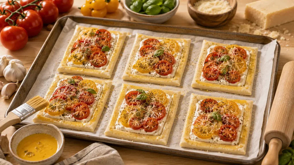 Unbaked puff pastry tarts topped with creamy cheese, tomatoes and Parmesan on a baking sheet.