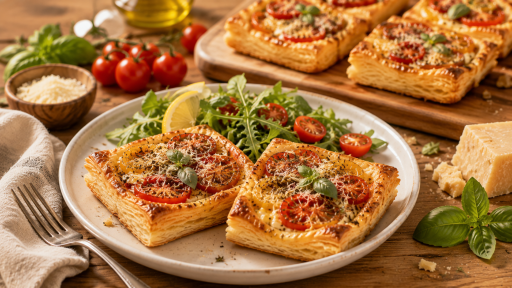 Flaky tomato and cheese puff pastry tarts served with fresh basil and a green salad.