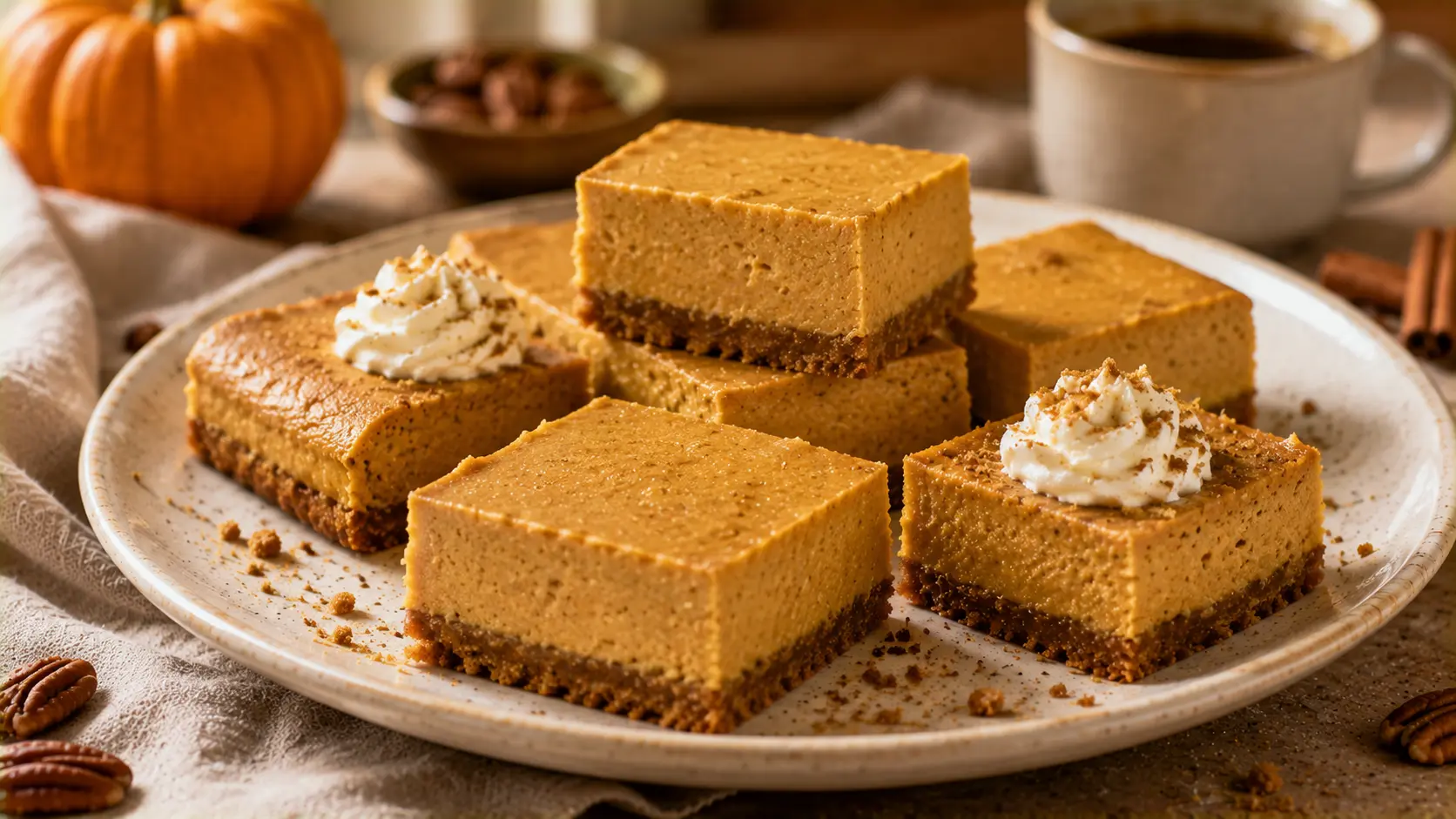 Pumpkin cheesecake bars with creamy spiced pumpkin filling and a buttery Biscoff-style cookie crust.