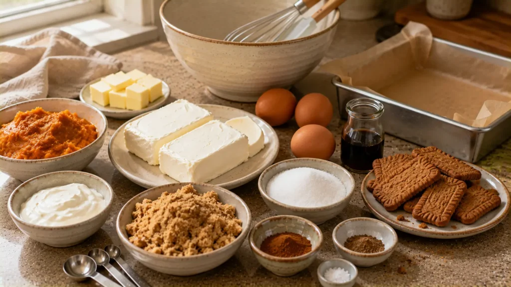Ingredients for pumpkin cheesecake bars including pumpkin puree, cream cheese, eggs, spices and speculoos cookies.