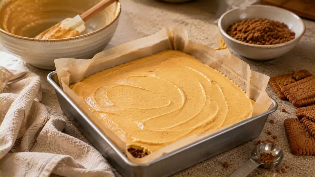 Creamy pumpkin cheesecake filling spread over a spiced cookie crust before baking.