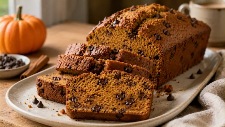 Moist pumpkin chocolate chip bread sliced to show soft pumpkin crumb, warm spices and chocolate chips.