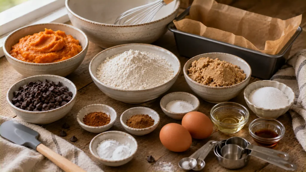 Ingredients for pumpkin chocolate chip bread including pumpkin puree, flour, eggs, brown sugar, spices and chocolate chips.