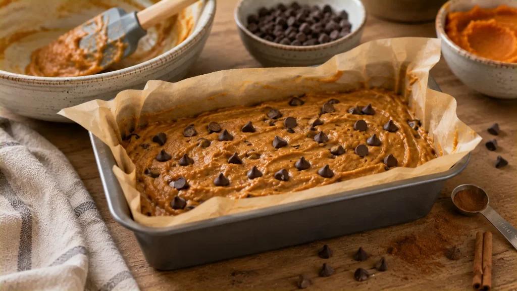 Pumpkin chocolate chip bread batter topped with chocolate chips in a loaf pan before baking.