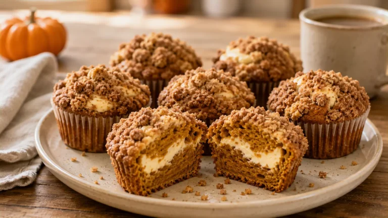 Pumpkin cream cheese muffins with cinnamon streusel and a creamy cream cheese center.