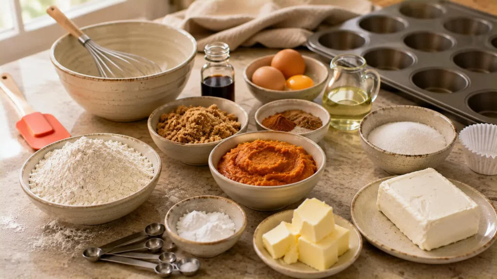 Ingredients for pumpkin cream cheese muffins including pumpkin puree, cream cheese, flour, eggs, spices and brown sugar.