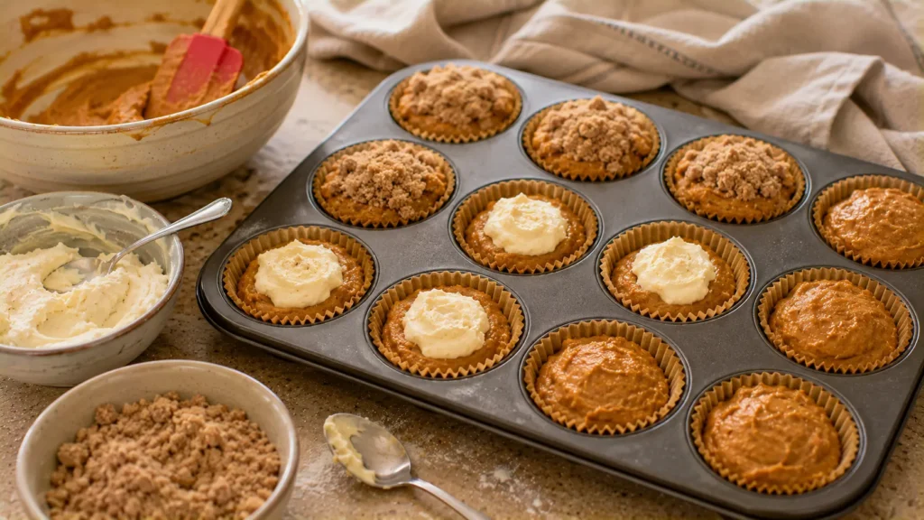 Pumpkin muffin batter layered with cream cheese filling and cinnamon streusel before baking.