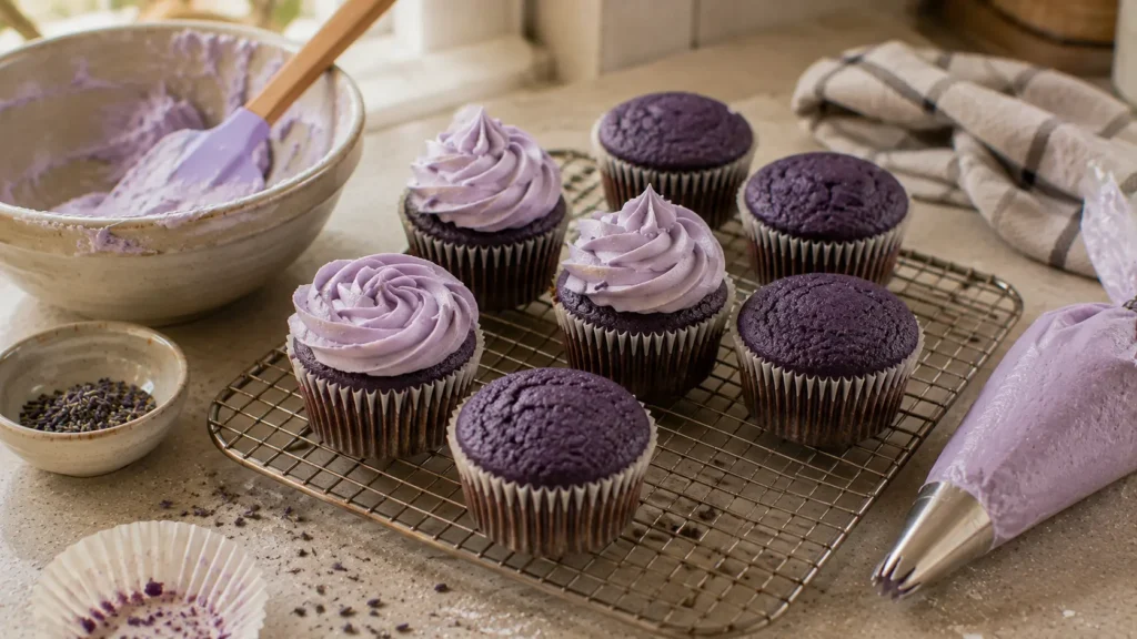Purple velvet cupcakes cooling on a rack with pale lavender buttercream ready for decorating.
