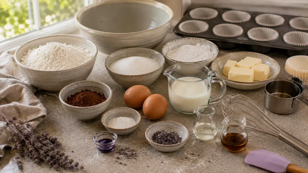 Ingredients for purple velvet cupcakes with lavender frosting including flour, butter, eggs, buttermilk and culinary lavender.