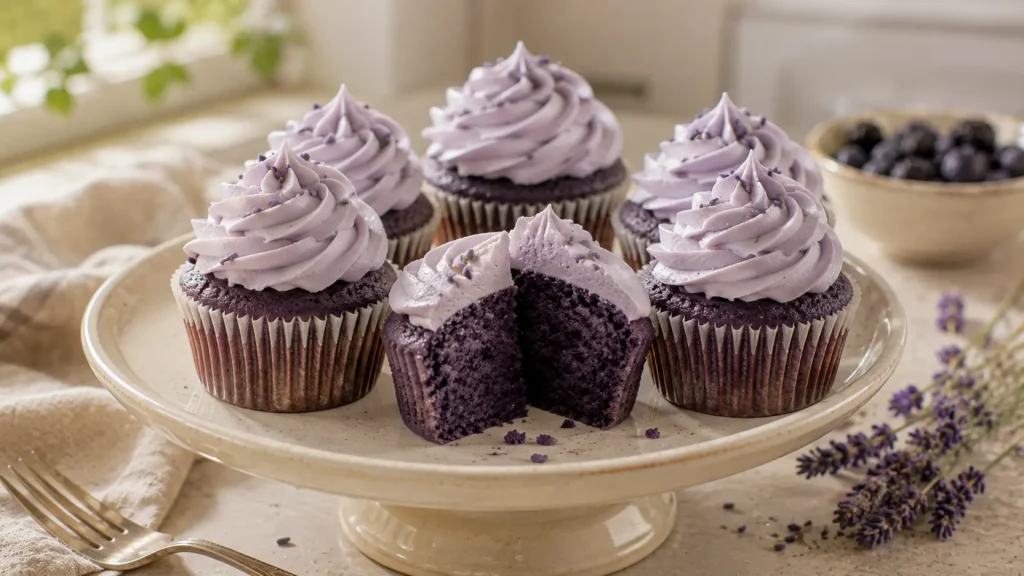 Purple velvet cupcakes topped with pale lavender buttercream frosting and a light culinary lavender garnish.