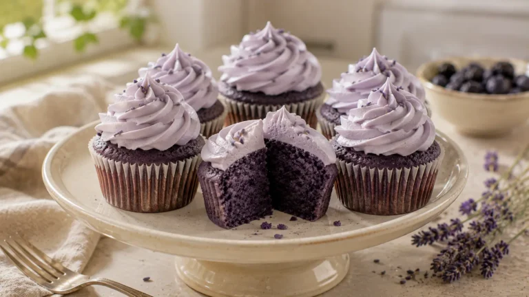 Purple velvet cupcakes topped with pale lavender buttercream frosting and a light culinary lavender garnish.