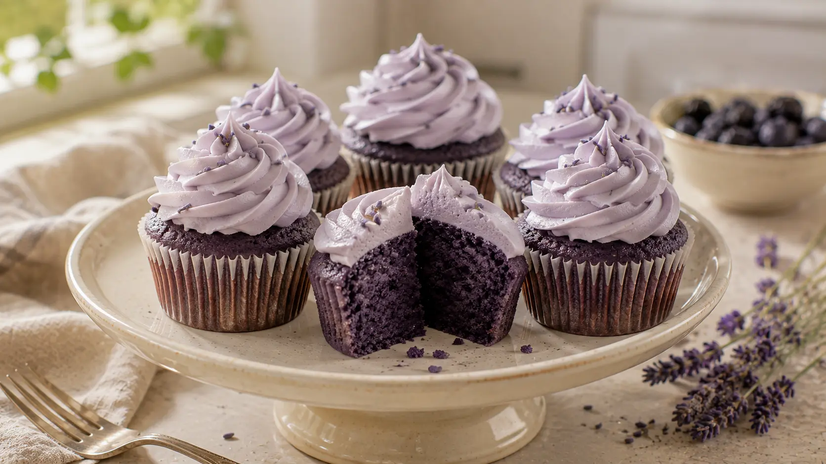 Purple velvet cupcakes topped with pale lavender buttercream frosting and a light culinary lavender garnish.