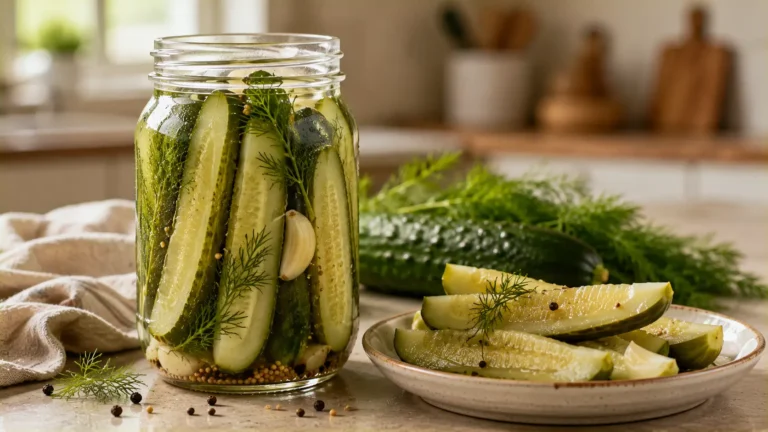 Homemade refrigerator dill pickles with cucumber spears, fresh dill, garlic and vinegar brine.
