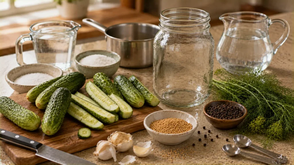 Ingredients for refrigerator dill pickles including cucumbers, dill, garlic, vinegar, mustard seeds and peppercorns.