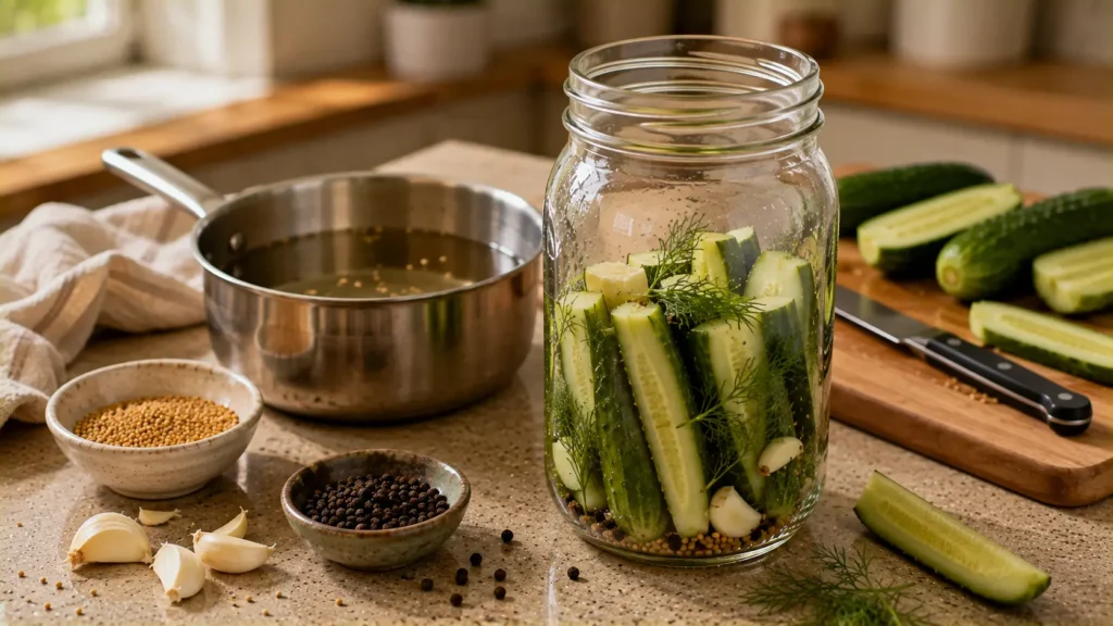 Fresh cucumber spears, dill and garlic packed into a glass jar before adding pickle brine.