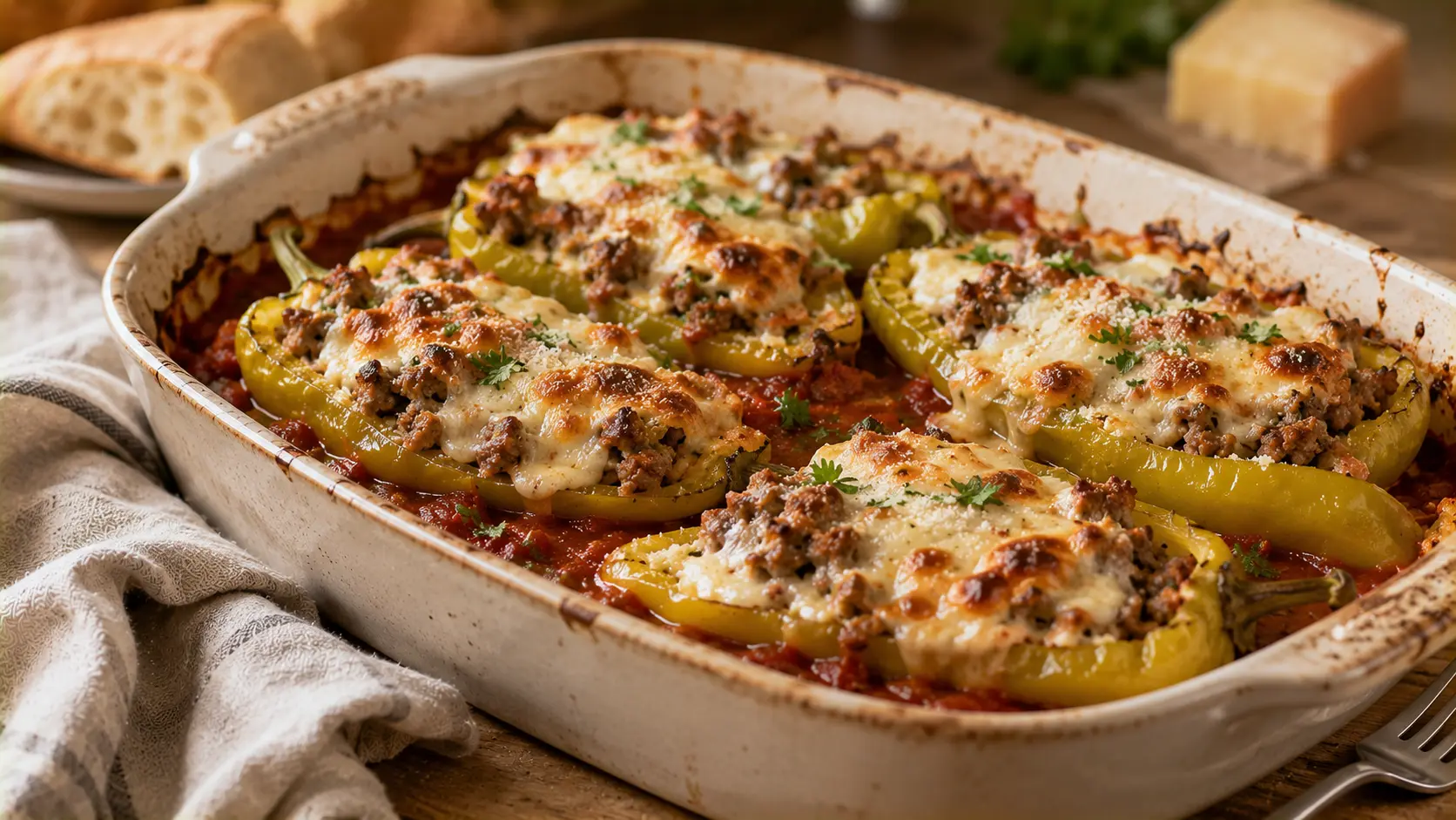 Italian sausage and cheese stuffed banana peppers baked in marinara sauce with melted mozzarella and Parmesan.