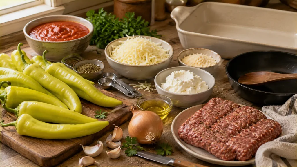 Ingredients for stuffed banana peppers including banana peppers, Italian sausage, ricotta, mozzarella, Parmesan and marinara sauce.
