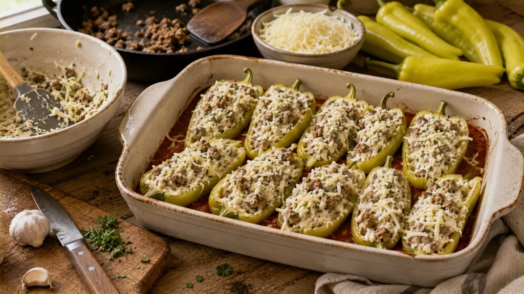 Banana pepper halves filled with Italian sausage and cheese over marinara sauce before baking.
