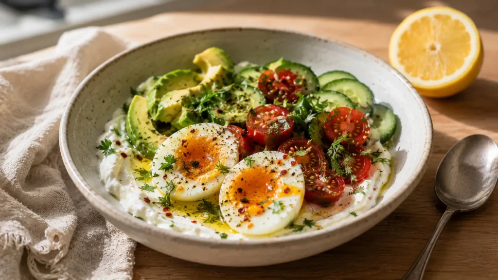 Savory yogurt bowl with Greek yogurt, jammy eggs, avocado, cucumber and cherry tomatoes