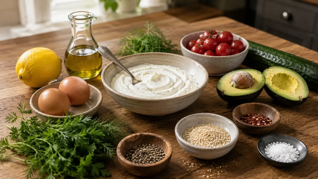Ingredients for a savory yogurt bowl with Greek yogurt, eggs, avocado, cucumber and tomatoes