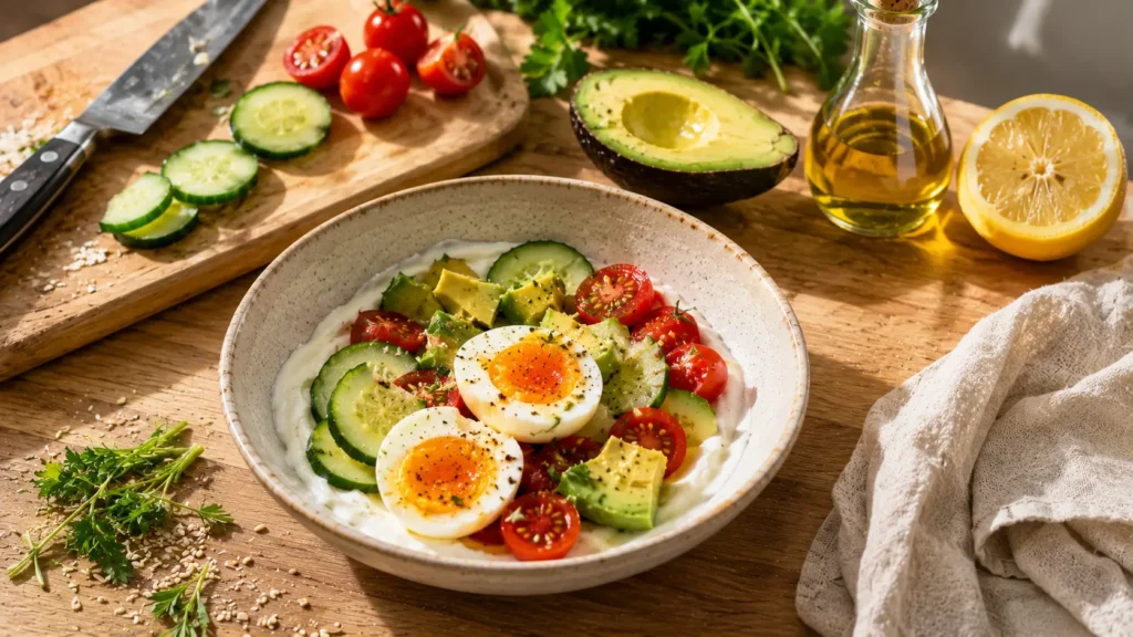 Savory Greek yogurt bowl being prepared with eggs, avocado, cucumber and cherry tomatoes