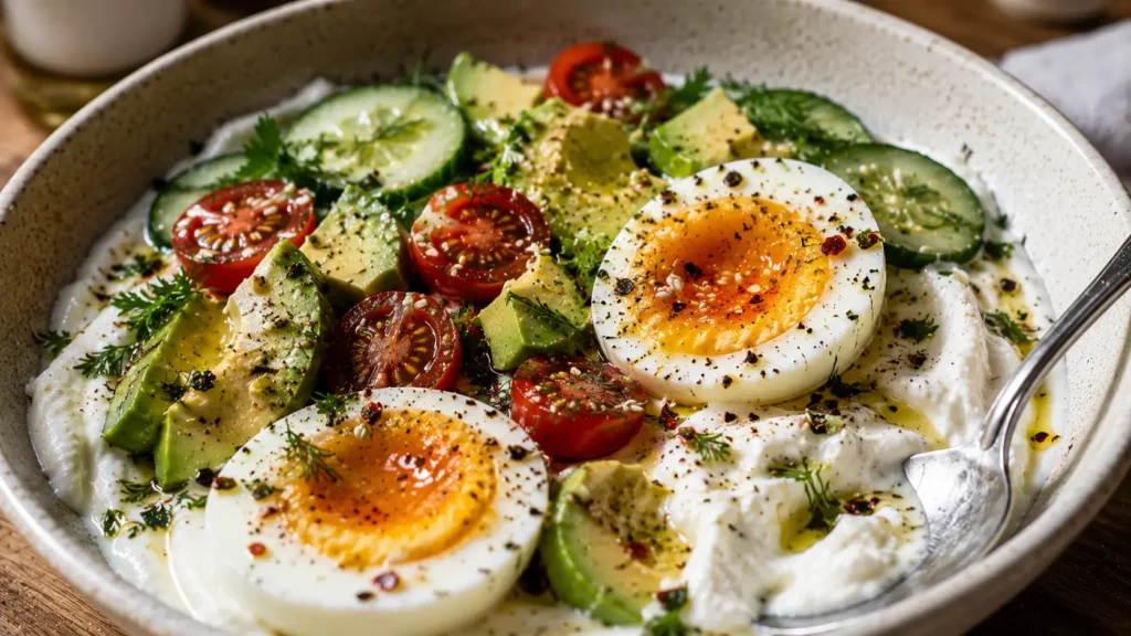 Savory yogurt breakfast bowl topped with jammy egg, avocado, cucumber, tomatoes and fresh herbs