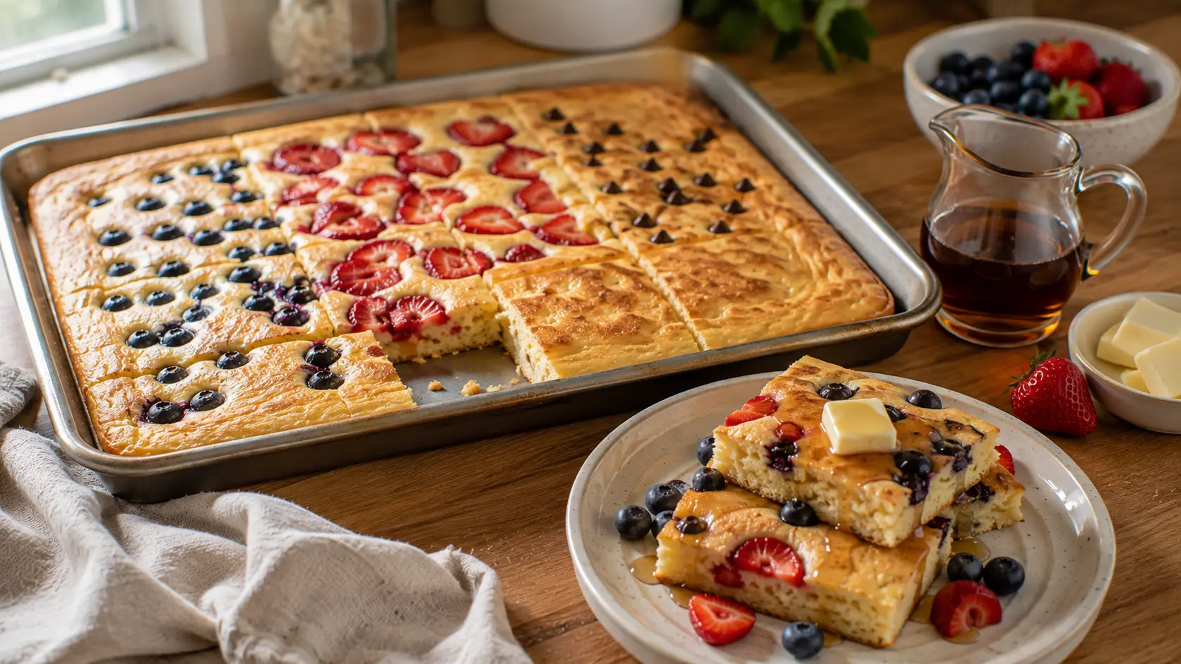 Fluffy sheet pan pancakes with strawberries, blueberries and chocolate chips served with maple syrup.