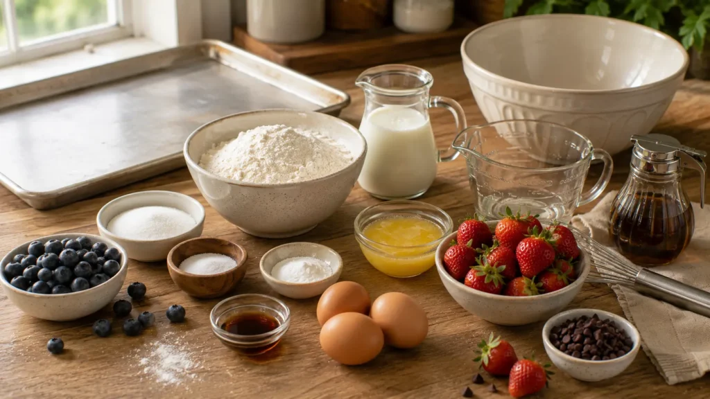 Ingredients for sheet pan pancakes including flour, eggs, milk, butter, berries and chocolate chips.