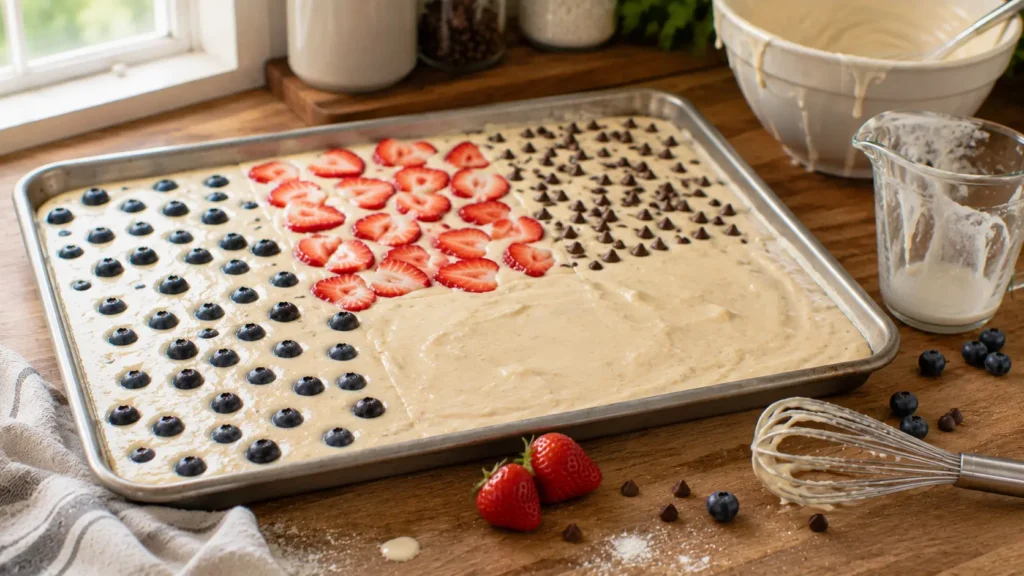 Sheet pan pancake batter topped with blueberries, strawberries and chocolate chips before baking.