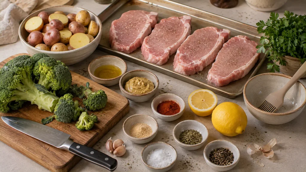 Ingredients for sheet pan pork chops including pork, baby potatoes, broccoli, Dijon mustard, garlic and seasonings.