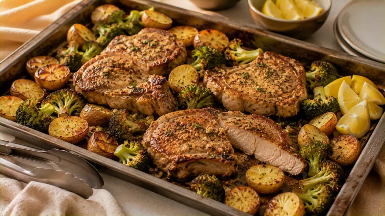 Sheet pan pork chops with golden roasted potatoes and broccoli.