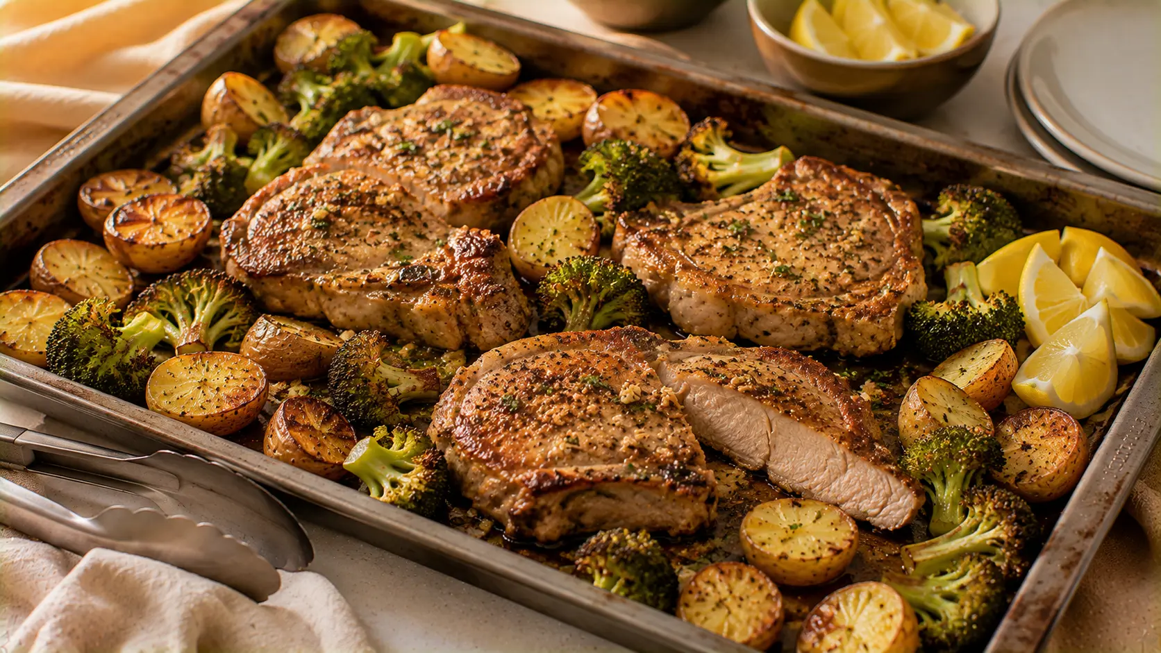 Sheet pan pork chops with golden roasted potatoes and broccoli.
