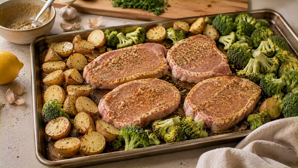 Seasoned pork chops with partially roasted potatoes and fresh broccoli arranged on a sheet pan before roasting.