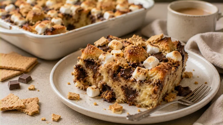 S'mores bread pudding with melted chocolate, toasted marshmallows and graham crackers.
