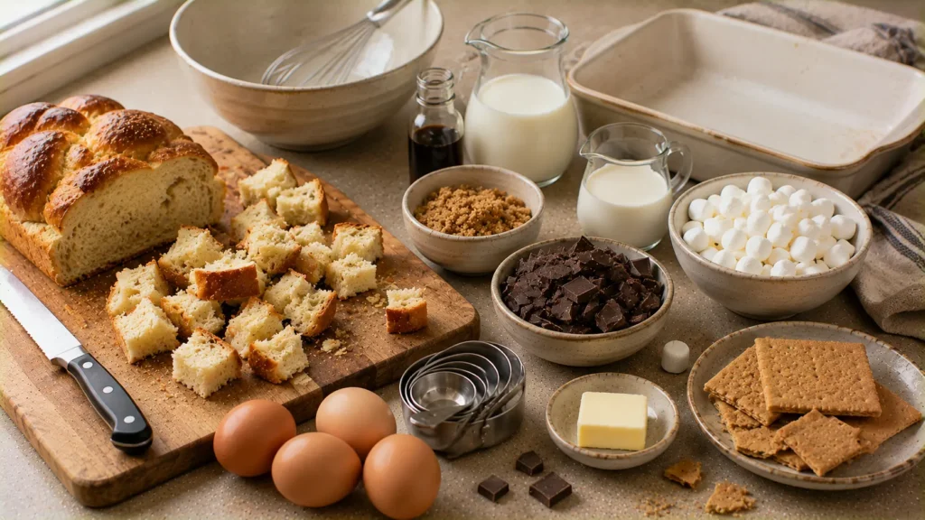 Ingredients for s'mores bread pudding including brioche, chocolate, marshmallows, graham crackers, eggs and milk.