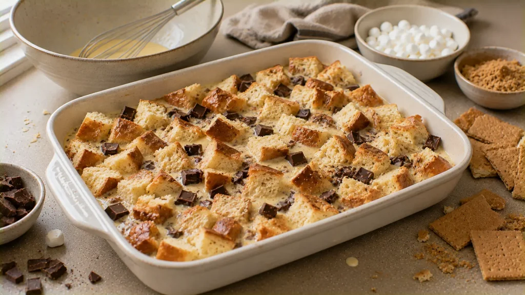 Brioche and chocolate soaking in vanilla custard before baking s'mores bread pudding.