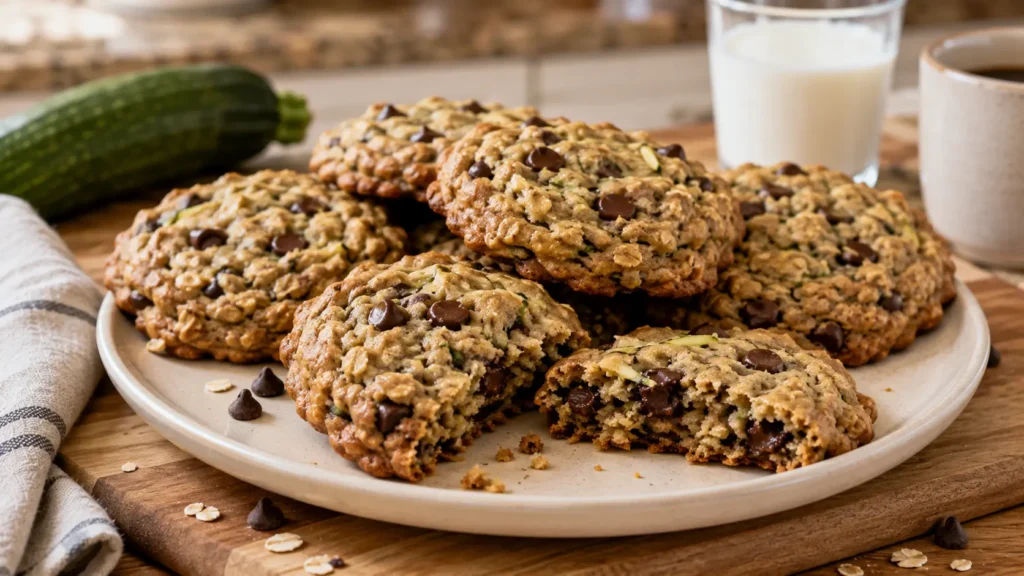 Soft zucchini oatmeal chocolate chip cookies with chewy oats, chocolate chips, and small green zucchini flecks.