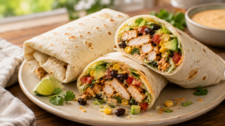 Southwest chicken salad wraps filled with seasoned chicken, lettuce, black beans, corn, avocado and tomatoes.