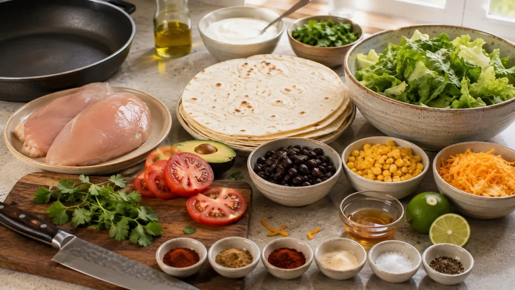 Ingredients for Southwest chicken salad wraps including chicken, tortillas, black beans, corn, lettuce and avocado.