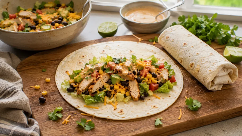 Southwest chicken salad filling with chicken and vegetables arranged on a flour tortilla before rolling.