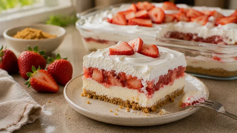 Strawberry lasagna dessert with cookie crust, cream cheese filling, fresh strawberry layer and whipped topping.